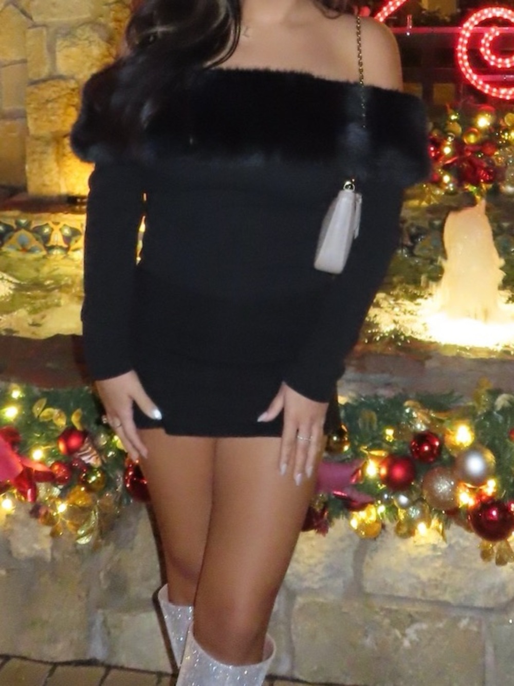 Zara Black Off-Shoulder Faux-Fur Trim Holiday Mini Dress